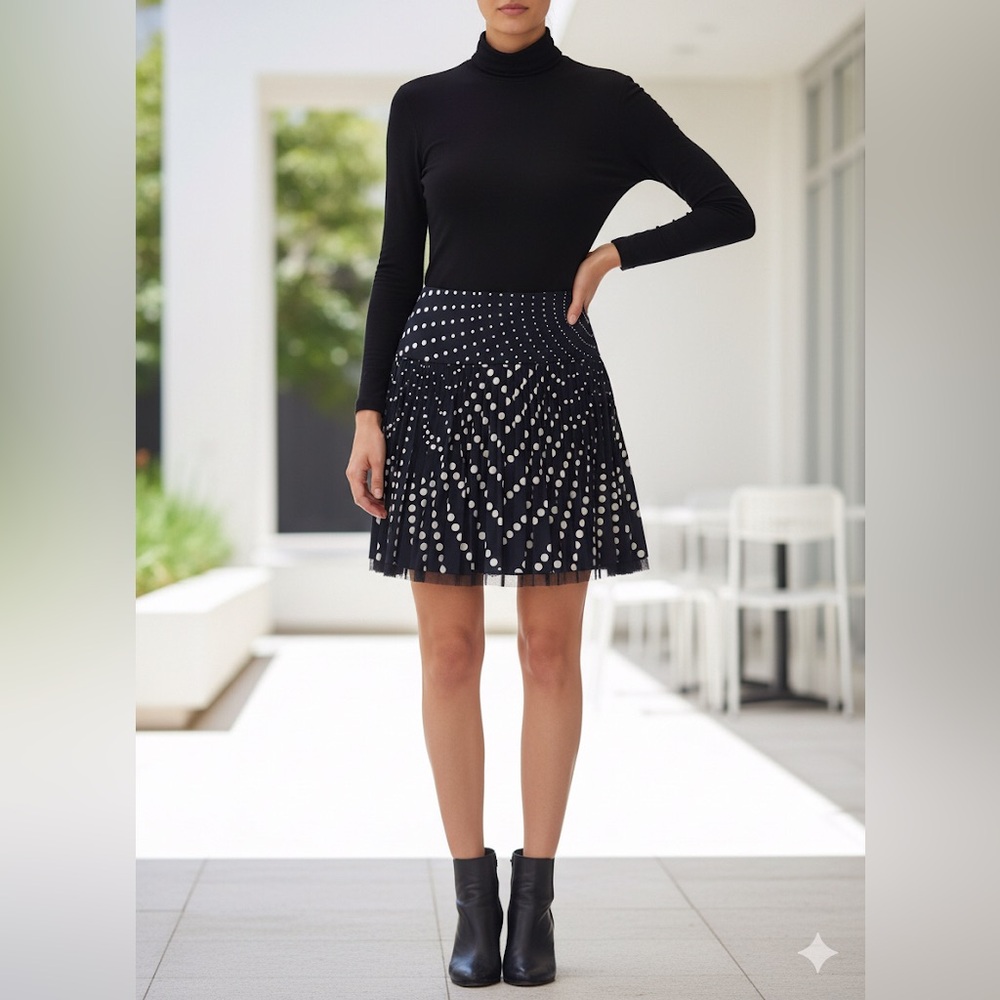 T Tahari Black & White Polka Dot Pleated Skirt Size 4 Cotton Retro Event Wear